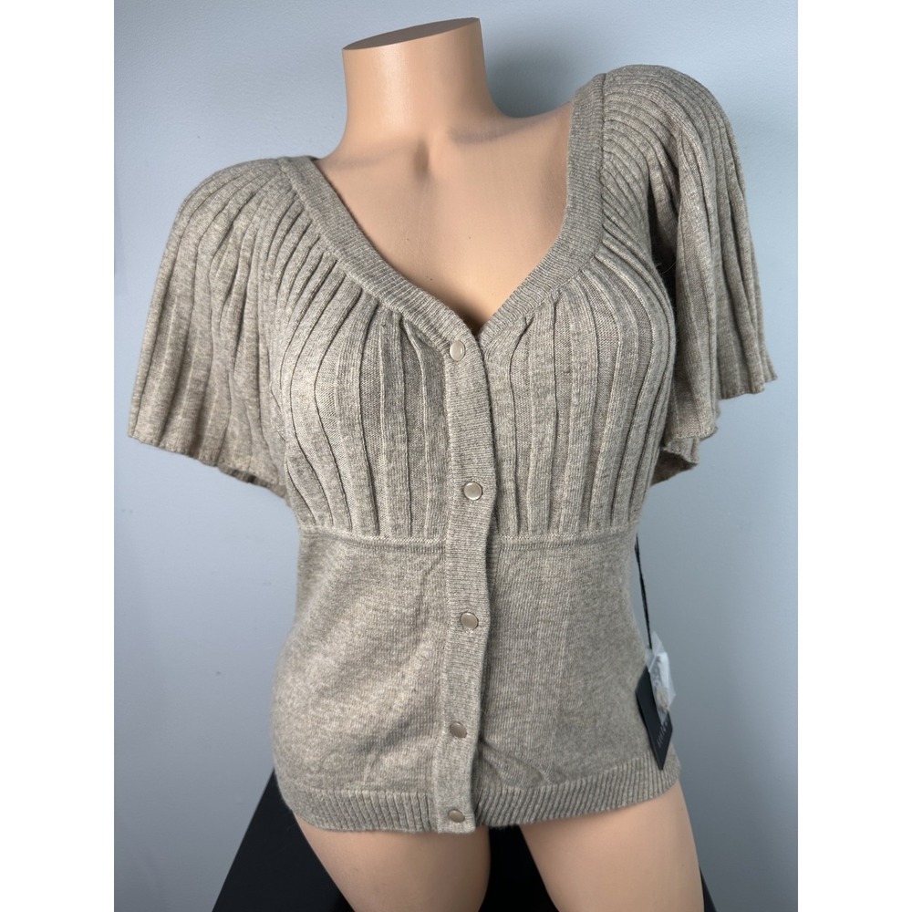 NWT Sisters S/M Top Cardigan Sweater Button Beige Stretch Y2K Knit Angora